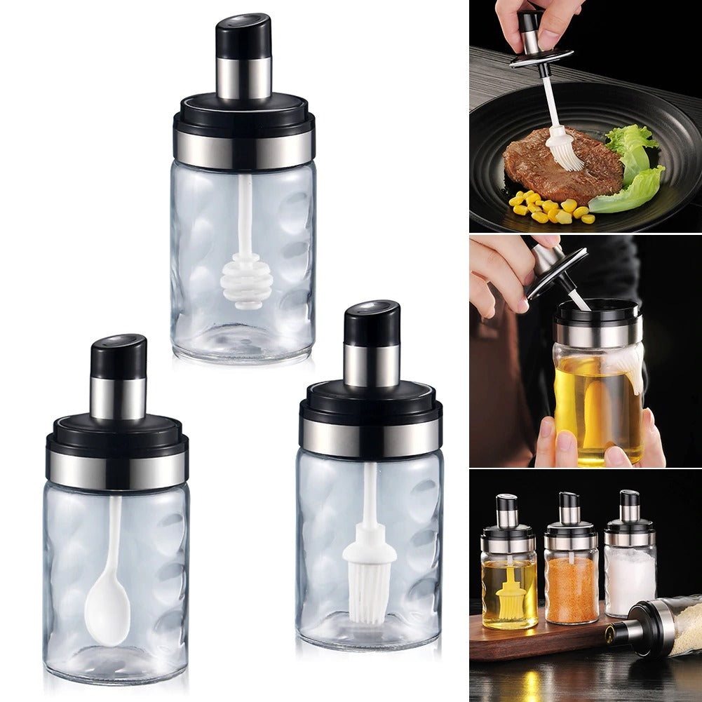 Pack of 3 Glass Seasoning Tank Kitchen Spice Kit Bottles Pepper Spoon Seasoning Jars Brush Honey Container Food Storage Container