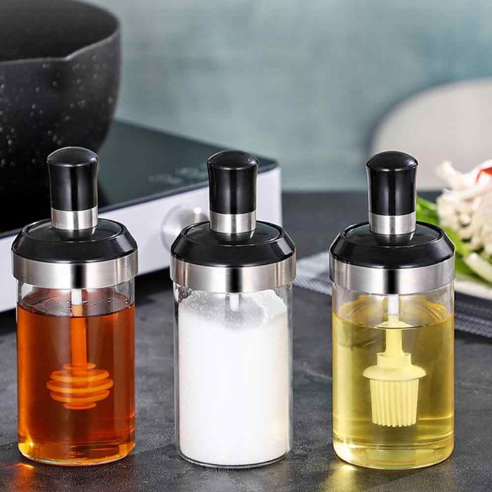 Pack of 3 Glass Seasoning Tank Kitchen Spice Kit Bottles Pepper Spoon Seasoning Jars Brush Honey Container Food Storage Container