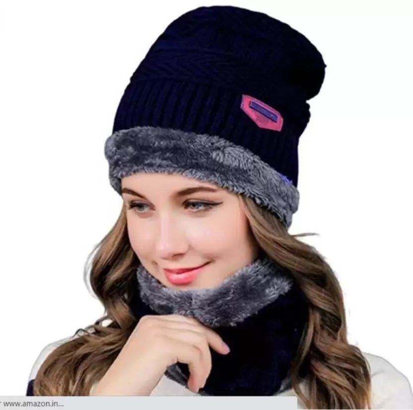 Winter Warm Cap With Neck Warmer Set – Wool Fleece Fur Knitted Beanie For Men & Women - REVEL.PK