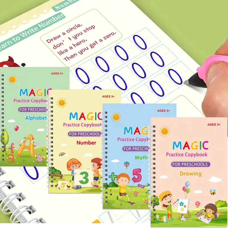 (Pack of 4) Preschools Magic Practice Workbook - Copybook for Kids, Children Reusable Handwriting Practice Copy Books for Letter Writing