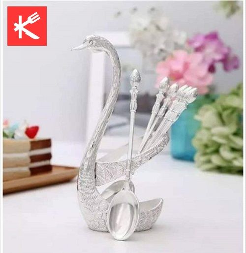 Pack of 6 Stainless Steel Spoon Set with Swan Holder