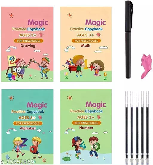 (Pack of 4) Preschools Magic Practice Workbook - Copybook for Kids, Children Reusable Handwriting Practice Copy Books for Letter Writing