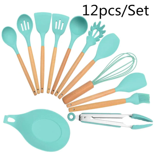 Imported High Quality 12 Pcs Silicone & Heat Resistant Spoons Set with Long Wooden Handle Kitchen Utensils Set - REVEL.PK