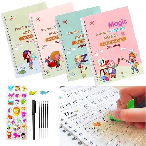 (Pack of 4) Preschools Magic Practice Workbook - Copybook for Kids, Children Reusable Handwriting Practice Copy Books for Letter Writing